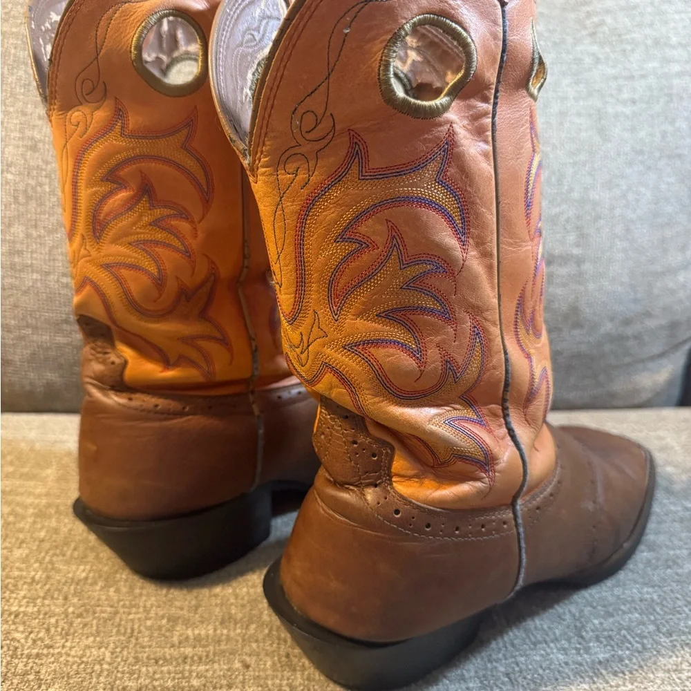 Justin Square Toe Men's Brown & Orange Western Cowboy Boots Size 12D - Picture 10 of 12